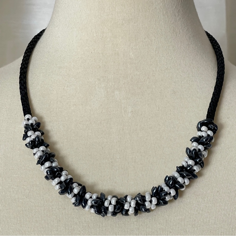Black and White Gemstone Seedbeads Kumihimo Necklace, Silver Magnetic Clasp